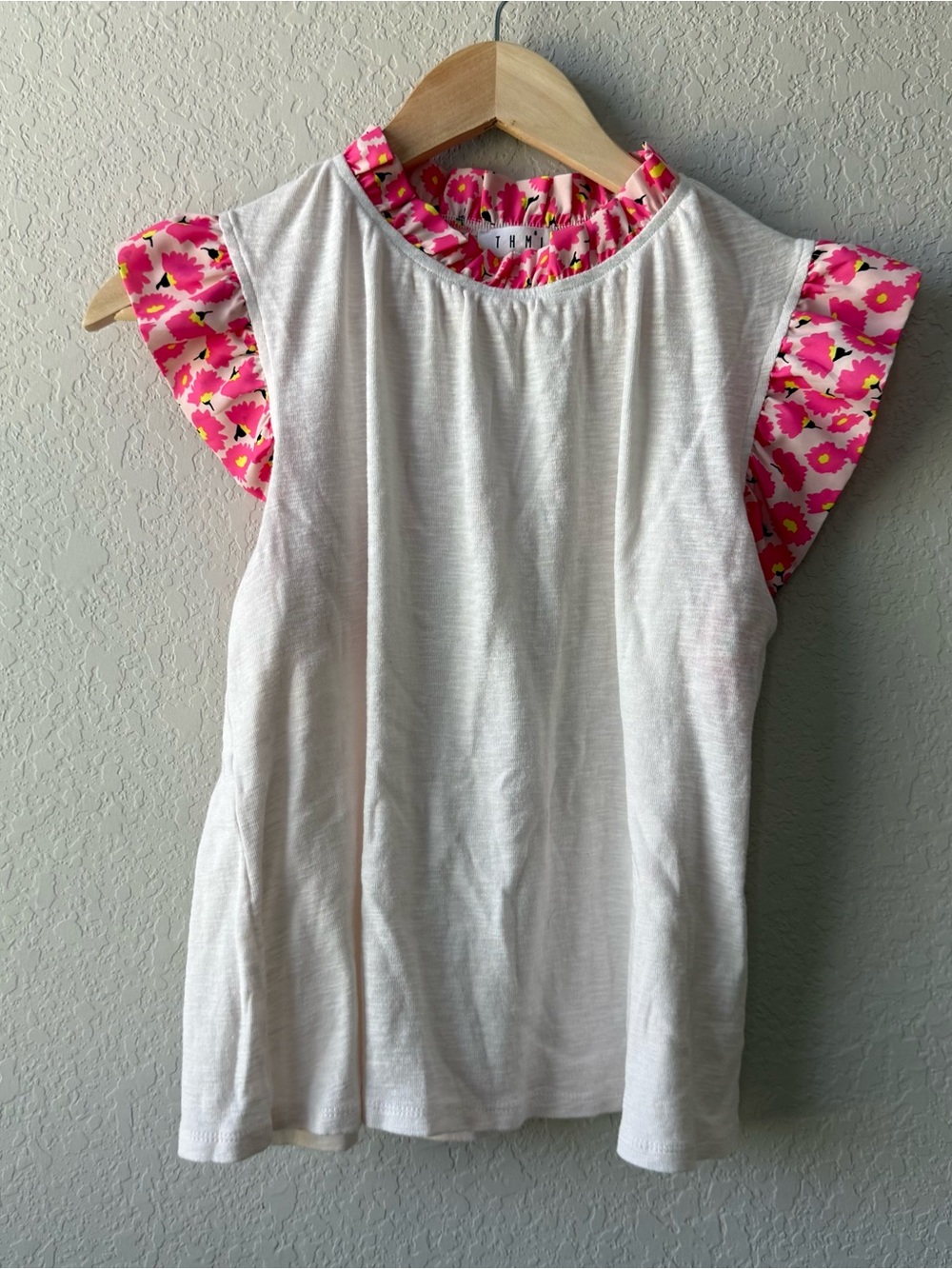 THML White Top with Pink and Yellow Floral Trim